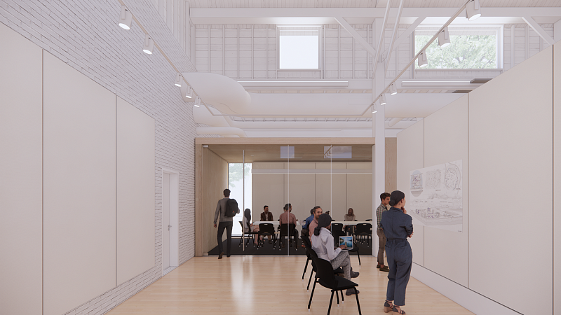 Rendering of Highland Hall shows students in front of a white board in a breakout conference room space. 