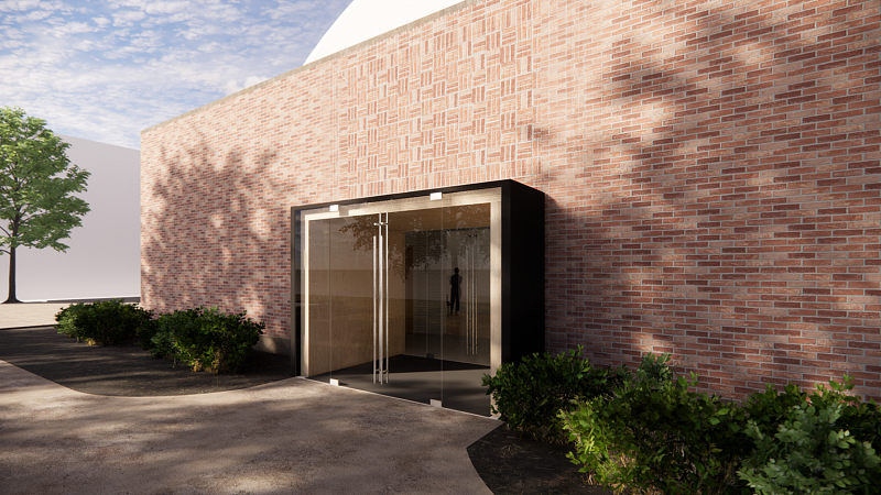 Rendering of the exterior of Highland Hall shows a new entry vestibule that comes out from the building several feel. It has a full glass opening and is black on the outside. The inside is lined with repurposed mass plywood panels from the TallWood Institute.