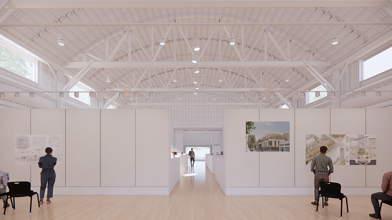 Architectural rendering of Highland Hall shows the a way for studio space to be used with half walls to hang posters for review. The building has an open, curved ceiling with exposed rafter and high windows. The floor show a refinished original gymnasium floor.