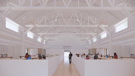Highland Hall rendering shows how the open center space of the building will have desks and work stations for students. The space is open with a high, curved ceiling and high windows. 