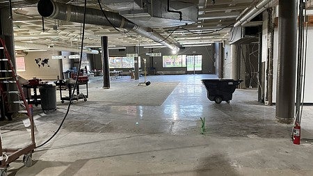 During renovations of the dining area of the UO Portland Campus Center. The space has been stripped down to remove former finishes. 