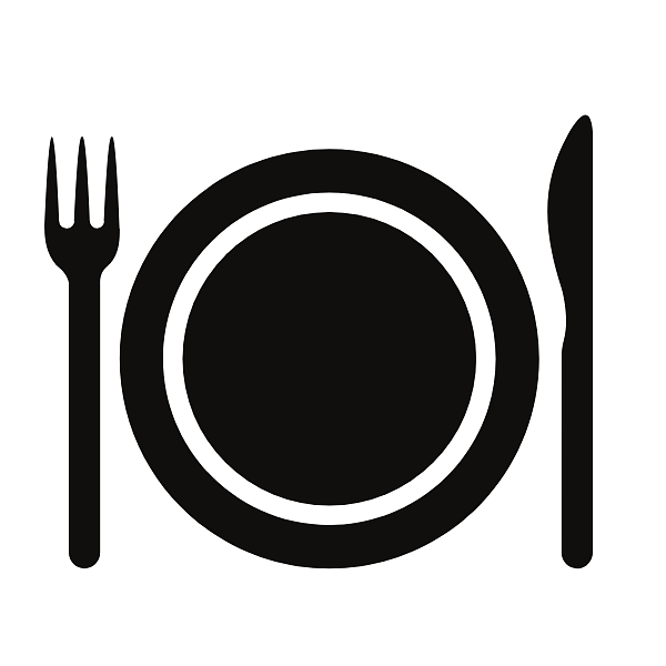 Plate and fork graphic.