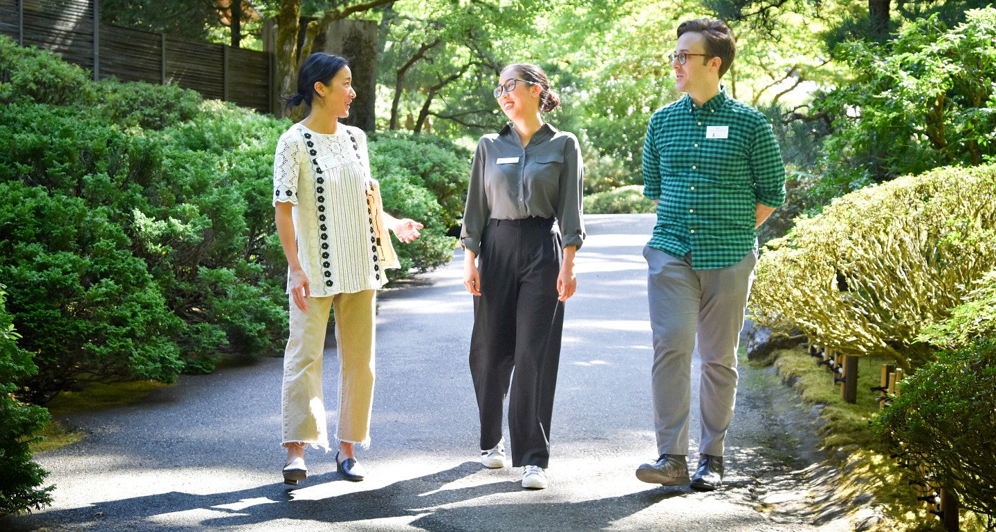 Portland Japanese Garden intern walking with supervisors