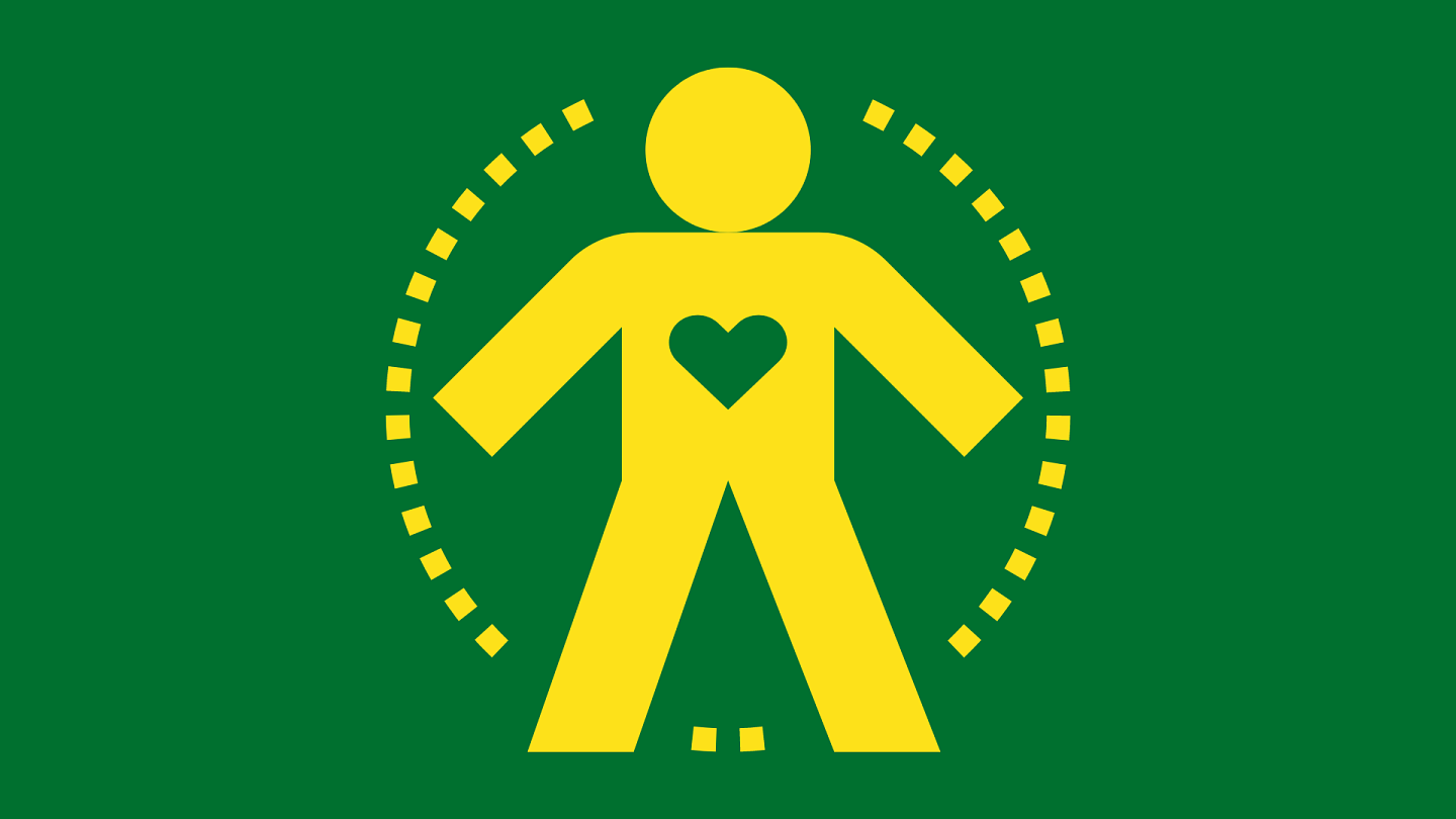 cut-out graphic of person in a circle, their heart outlined