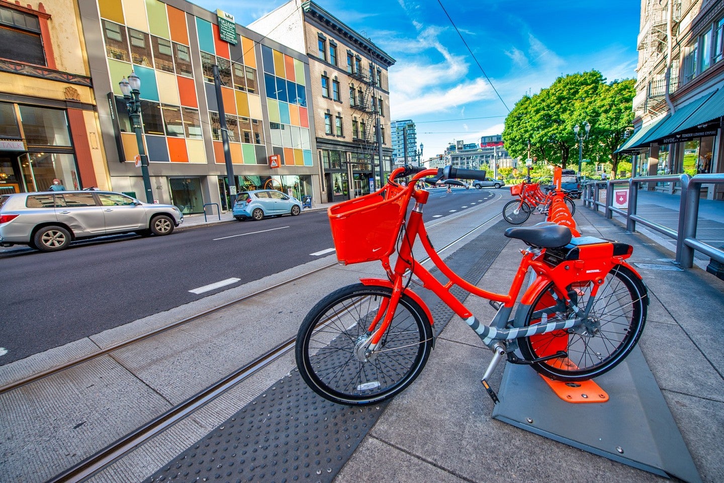 A public bike on a sidewalk in Portland, OR