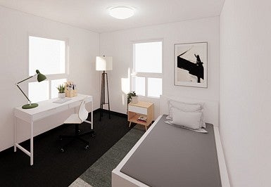 Rendering of Holman Apartment bedroom. Bed, study desk, windows.