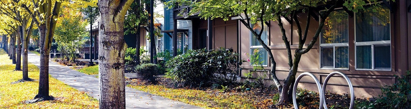 Photo of sidewalk with circular bike racks.