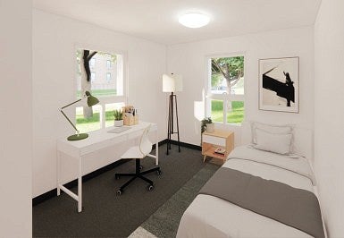 Rendering of NE 27th Apartment bedroom. Bed, with desk, lights, and windows.