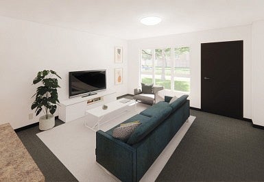 Rendering of NE 27th Apartment living room. Front door, with windows, sofa, and tv.