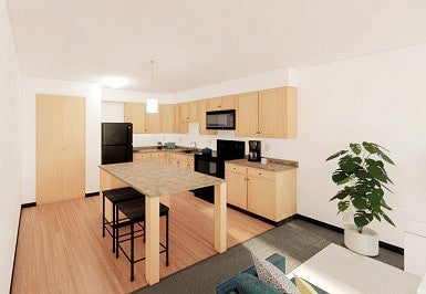 Rendering of NE 27th Apartment kitchen. Table, stove, microwave, refrigerator, pantry.