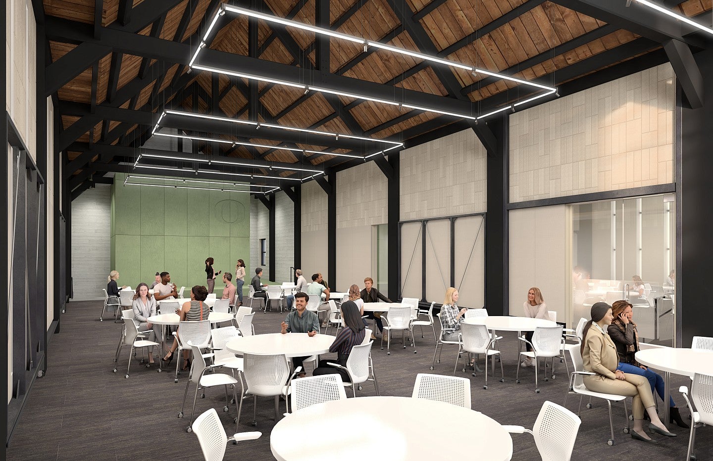 Innovation Building rendering of the event space shows people sitting at round tables. 