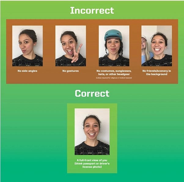 a series of images showing the correct and incorrect versions of your UO ID photo