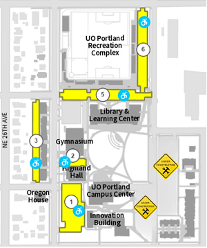 Map of campus with parking lots highlighted in yellow