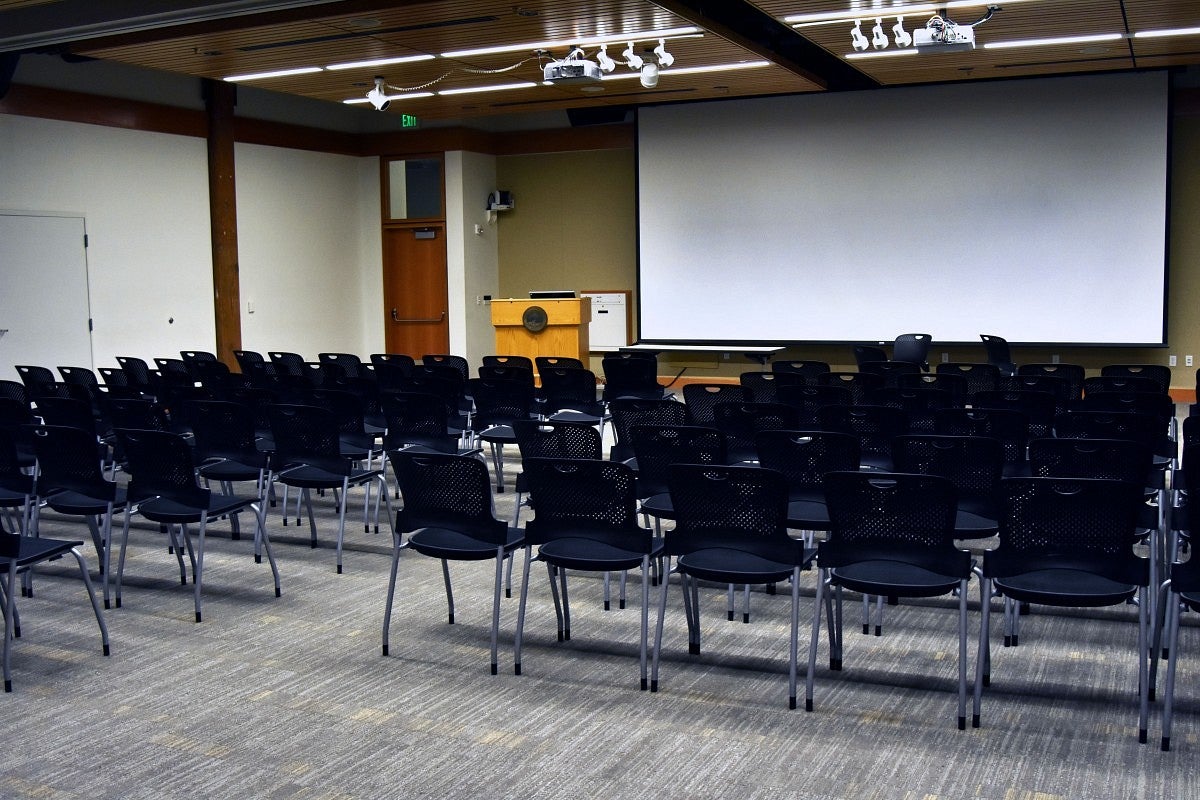 The main event space with chairs set up for a lecture.