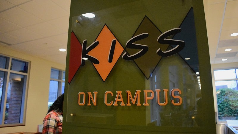 Kiss on Campus sign