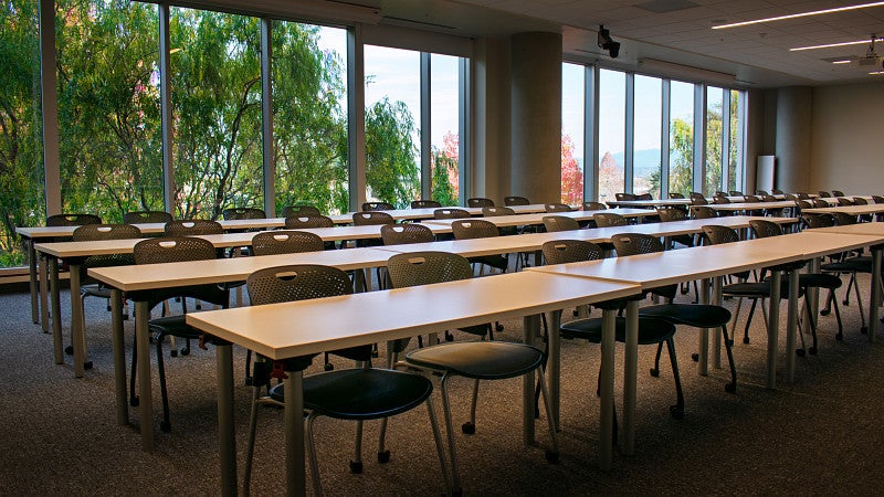 The classroom has views of the athletic fields and Mt. Saint Helens.