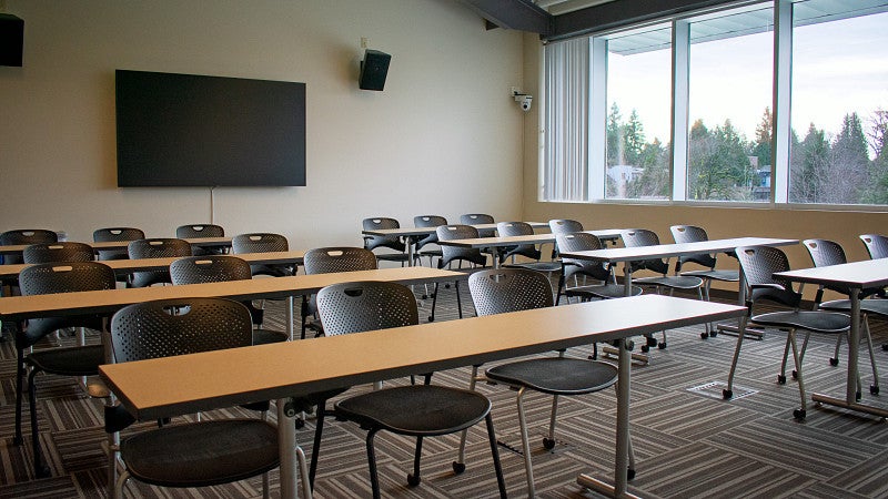 Classroom 313 looks over campus green.