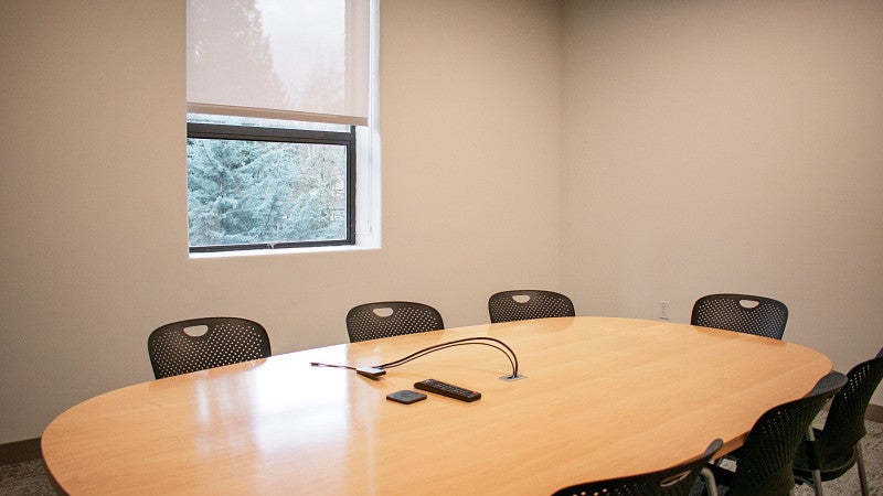 Conference room includes a screen and small window. 