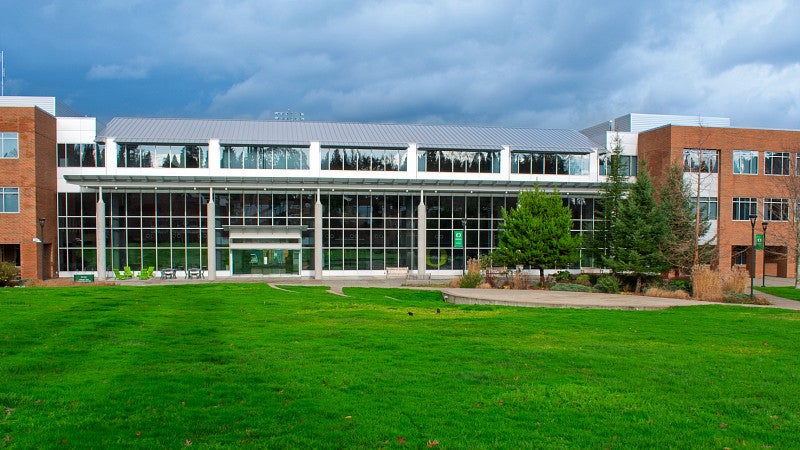 South side of the Library and Learning center from across the campus green.
