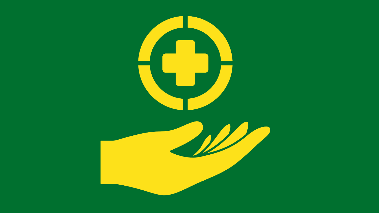 Graphic of a hand holding a medical cross symbol