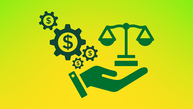 icon of hand holding judicial scales and wheels with dollar signs