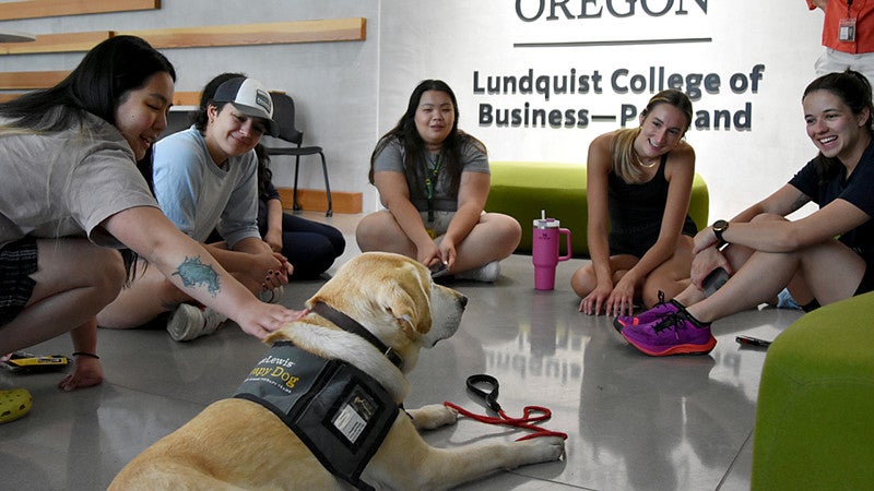 students sit on the floor of the Lundquist College of Business and pet Tessa, a DoveLewis therapy dog