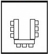 U-shape room setup option The U-shape room setup option features three tables and chairs forming a U.