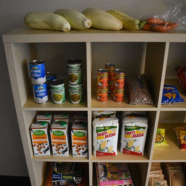 food pantry containing shelf-stable food items on the NE Portland campus
