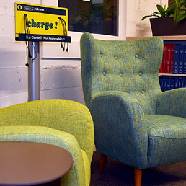 Portland Library The library has cushioned chairs and charging stations.